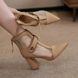 Women Pointed Short Boots Summer Fashion Chunky Heel High Heels Double Zip Mesh Non-slip Casual Comfort Shoes Bota Feminino