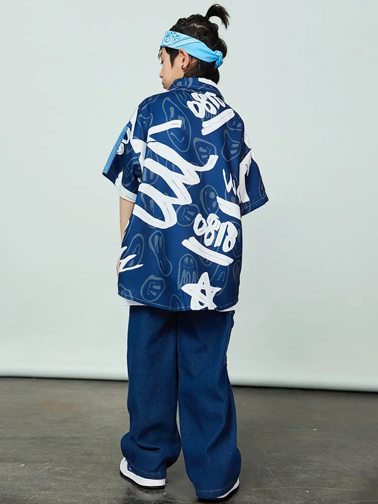 เด็กStreetwearชุดเด็กHip Hopเครื่องแต่งกายGraffitiกางเกงยีนส์เสื้อกางเกงหลวมสําหรับสาวStreet Danceเด็กแจ๊สเสื้อผ้า