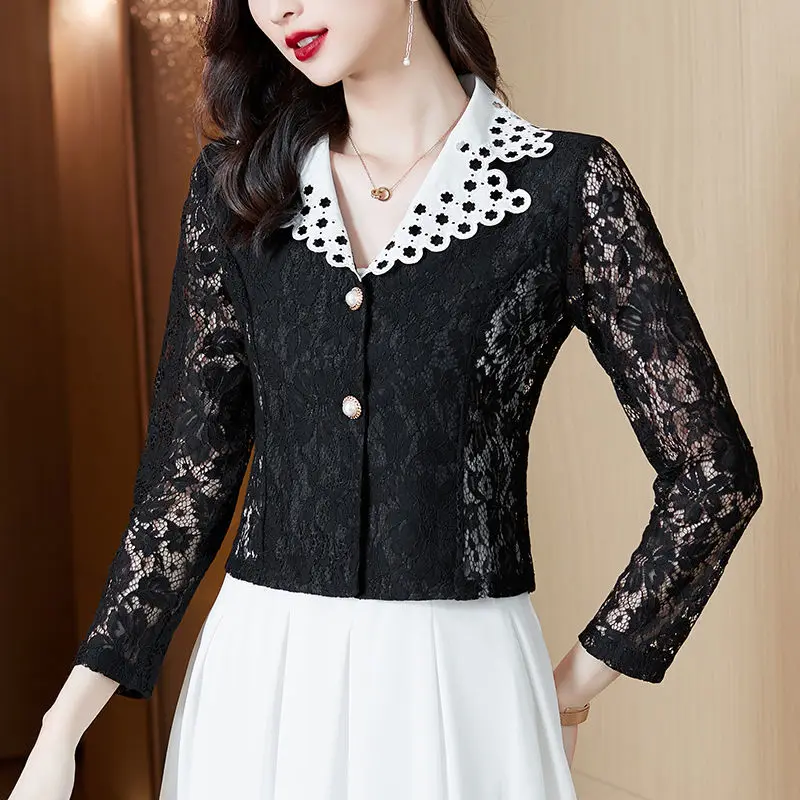 ใหม่ Elegant Chic เซ็กซี่ Sheer Lace Hollow สีดำสีขาวเสื้อแจ็คเก็ตสำหรับแฟชั่นสำหรับผู้หญิง Slim Long Sleeve Office สุภาพสตรีชุดเสื้อ