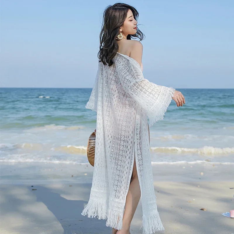 Verano estilo bohemio ahueca hacia fuera el encaje cubrir para las mujeres Midi-longitud borla playa chal playa protección solar camisas blancas de vacaciones