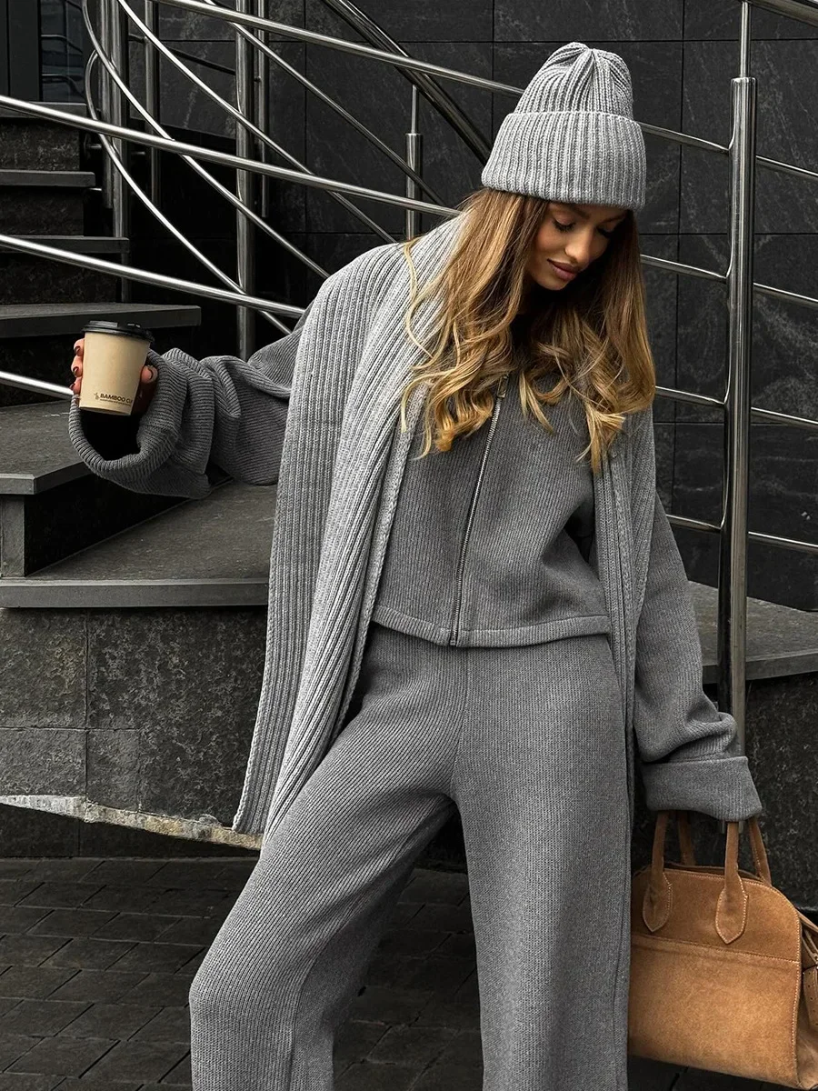 Fmxires 2025 femmes nouveau automne hiver veste zippée pantalon à jambes larges ensemble tricot doux à manches longues en vrac décontracté tricoté ensemble de pull