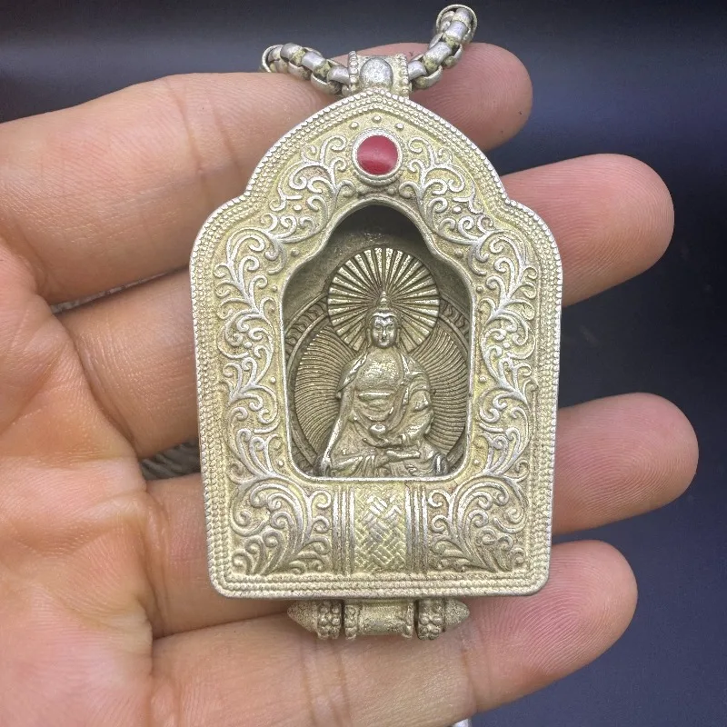 Vintage Tibetan Style Clear Gau Box Charm, Buddha Figure Pocket Amulet Jewelry for Men Women Daily Wear