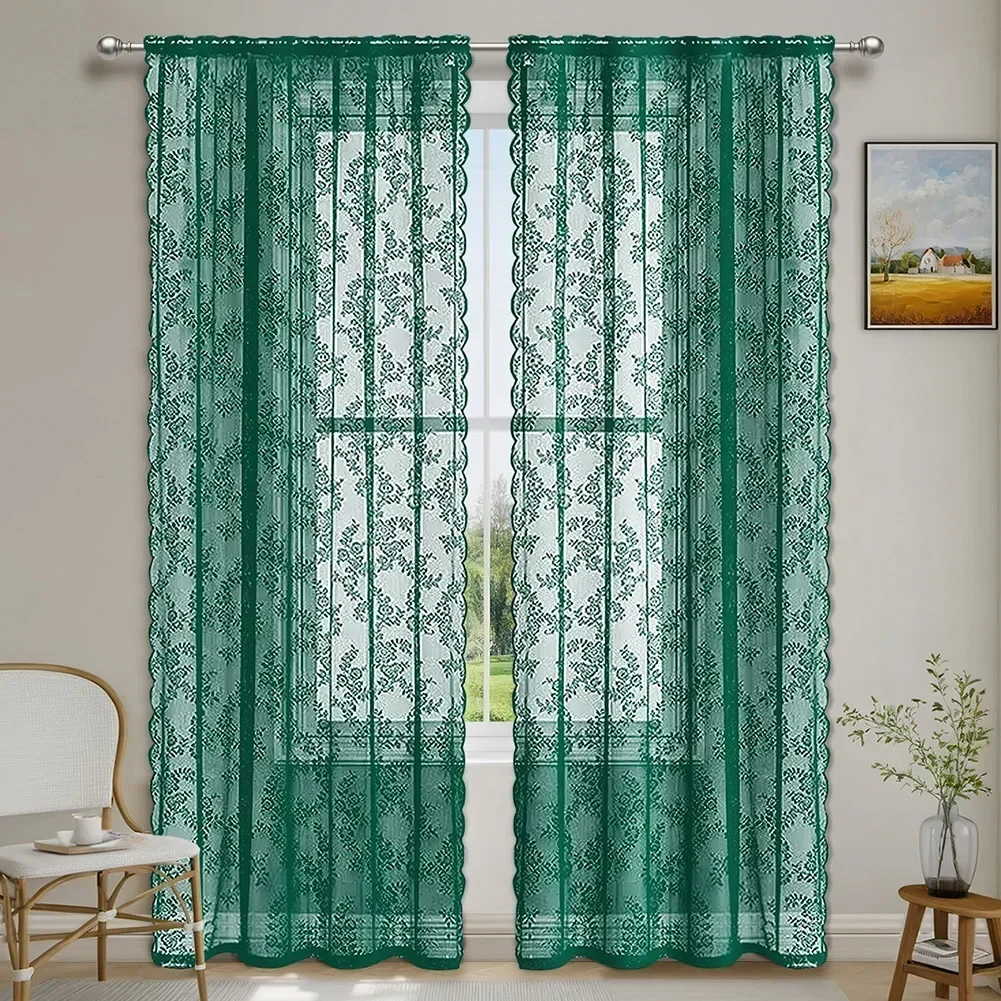 

Lace Green Curtains Elegant Floral Embroidered Light Filtering Semi-Sheer Layers Voile Drapes For Living Room Bedroom Home Decor