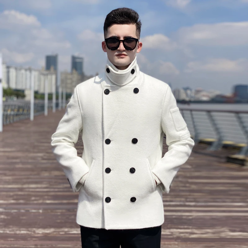 Short Men's double breasted wool coat  neck protection Thickened liner for warmth British trend Autumn and winter new warm coat