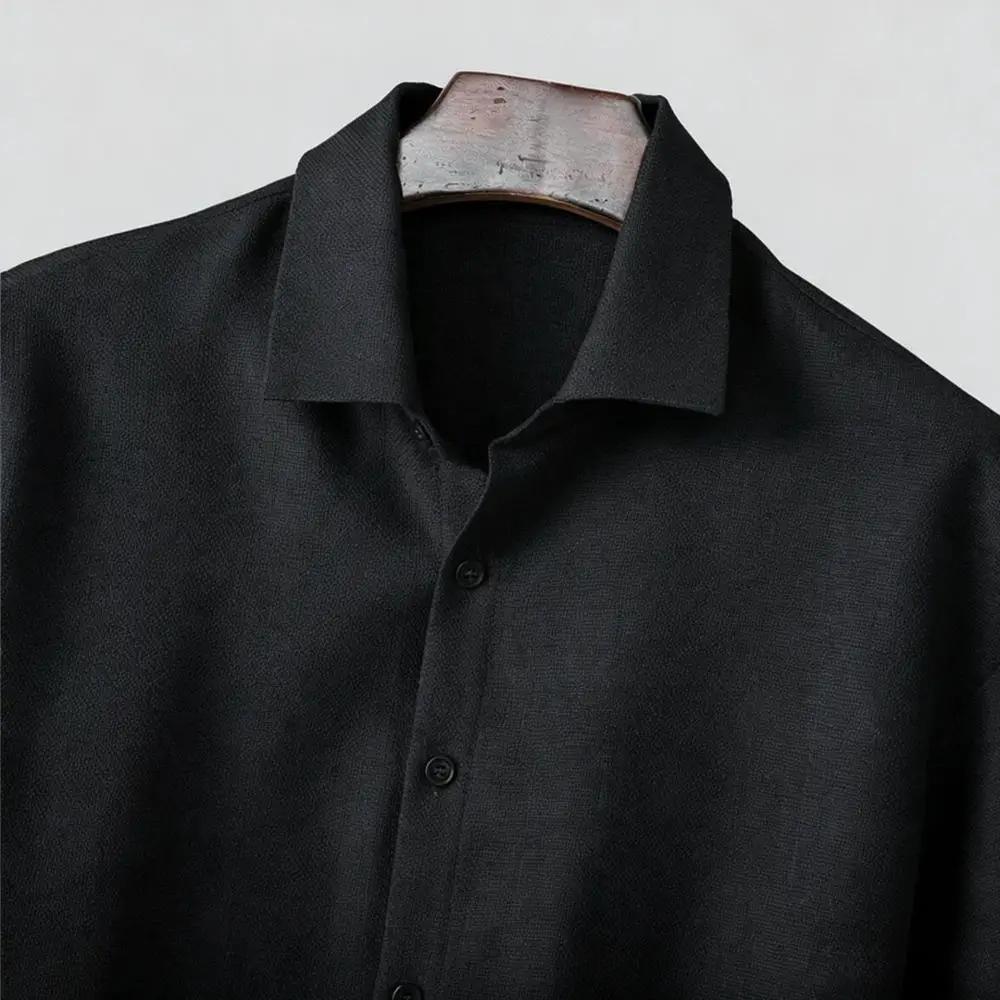 Mens Minimalist Texture Shirt Loose Fit Drop Shoulder Design Solid Color Long Sleeve Casual Fashion Trendy Top Shirt
