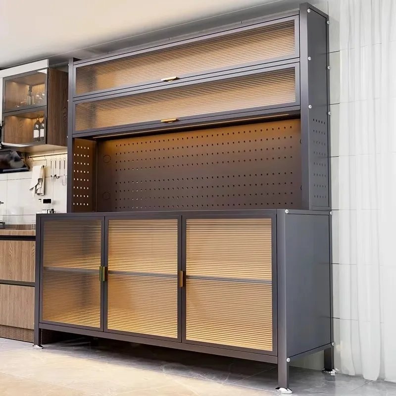 Rolling Steel Kitchen Cabinet with Transparent Panels Pegboard Back and Open Shelf for Food and Appliance