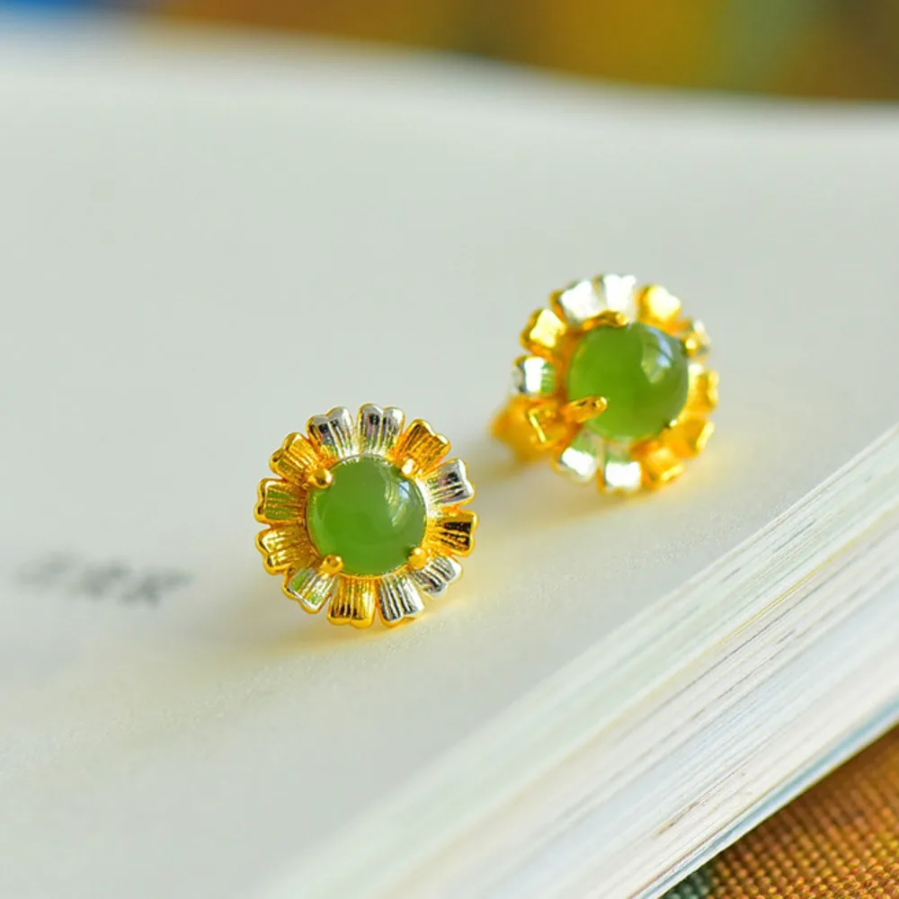 

Серьги GL Minimalist Sunflower из позолоченного серебра 925 пробы с разноцветными вставками из натурального нефрита — идеальный подарок