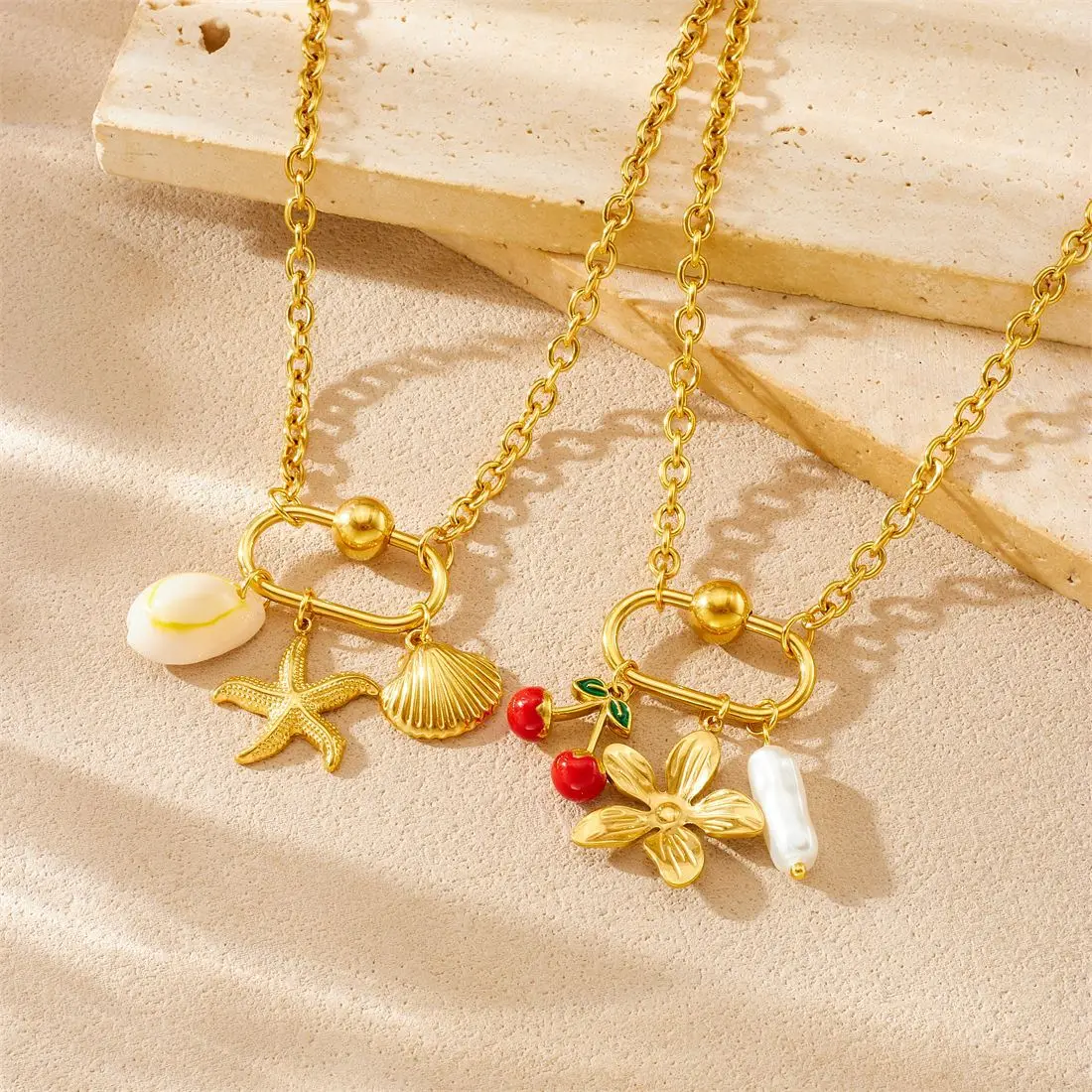 

AETEEY Gold Plated Cherry Ocean Creature Pendant Cute Trendy Flower Shell Starfish Necklace
