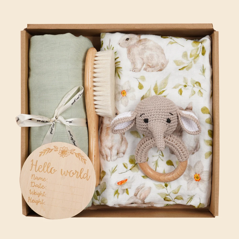 5PCS Comfort Toy Gift Set Soft Brush With Milestone Card ,Comfortable Bamboo Cotton Muslin Swaddle Blankets