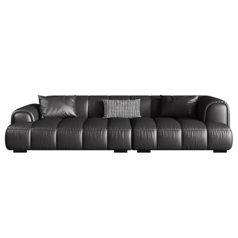 Italian minimalist leather sofa imported cowhide living room black  puff s simple straight