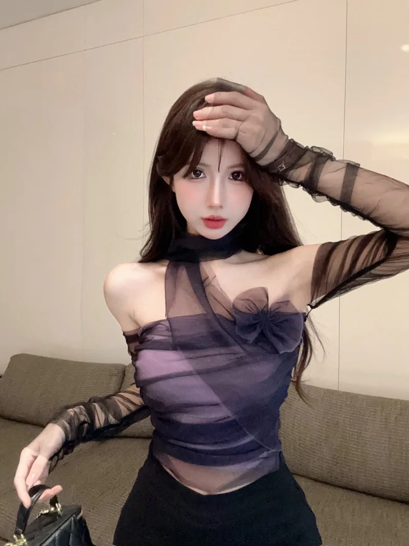 

Ele Purple Tulle Strapl Sve Cover Base Layer Top for Women Autumn New Sle Dry Lady irt Ladies Faion