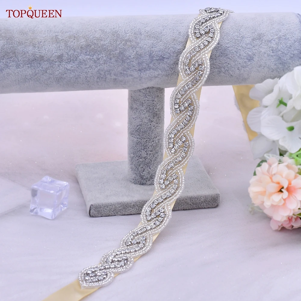 TOPQUEEN S62 Bridal Belt 2022 새로운 크리스탈 골치 아픈 건 새시 드레스 라인 석 아플리케 수제 여성 거들 웨딩 액세서리