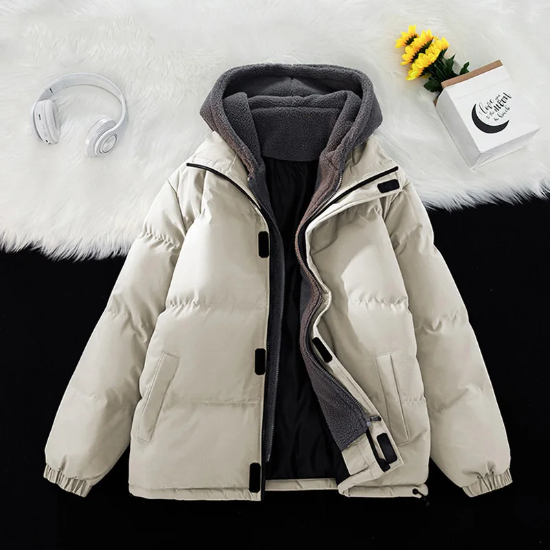 Winter Men Jacket Fashion Contrast Color Patchwork Male Two-piece Down Coat Thicken Long Sleeve Loose Hooded Man Outerwear