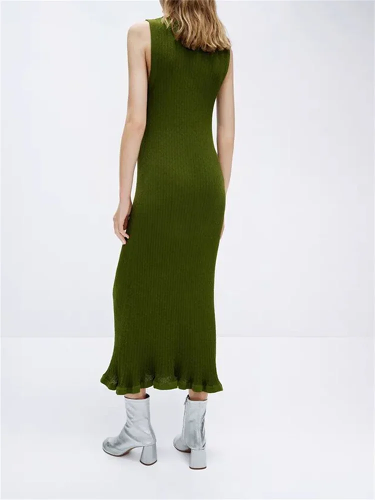 

Women U Neck Sleeveless Knit Midi Dress Green or Black 2024 Summer Female Hem Ruffles Fashion Robe