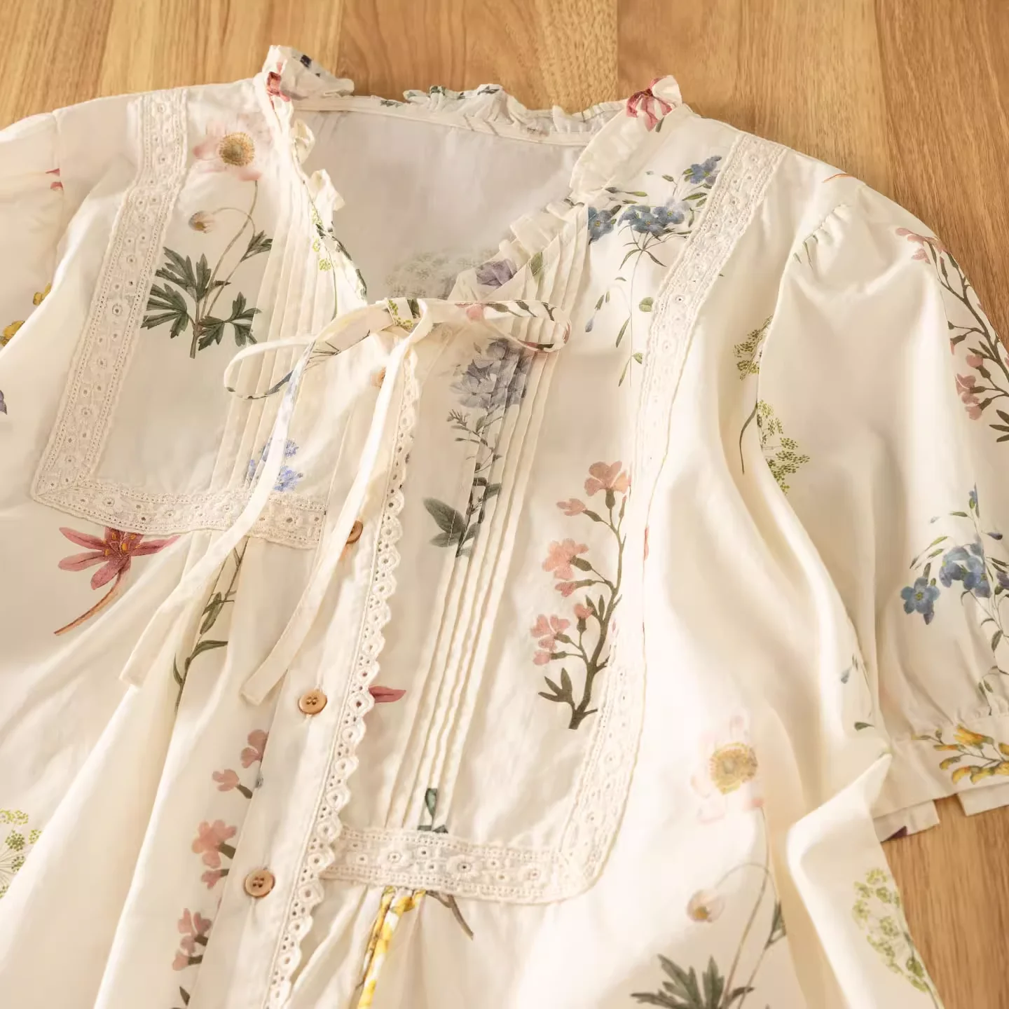 

Mori kei fashion lace crochet patchwork print shirts and blouses cotton short sleeve tops korean popular women's clothes
