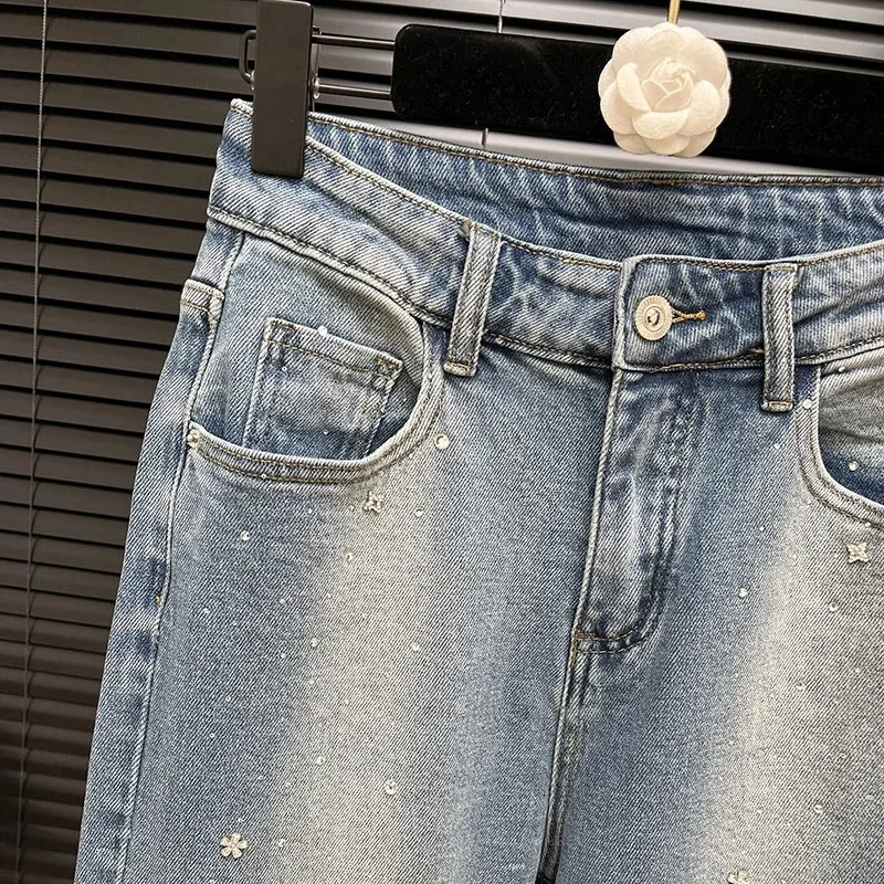 

Hot Diamond High-end High-waisted Washed Hong Kong Style Jeans Women' Spring Versatile Fashion Loose Wide-leg Straight-leg Pants