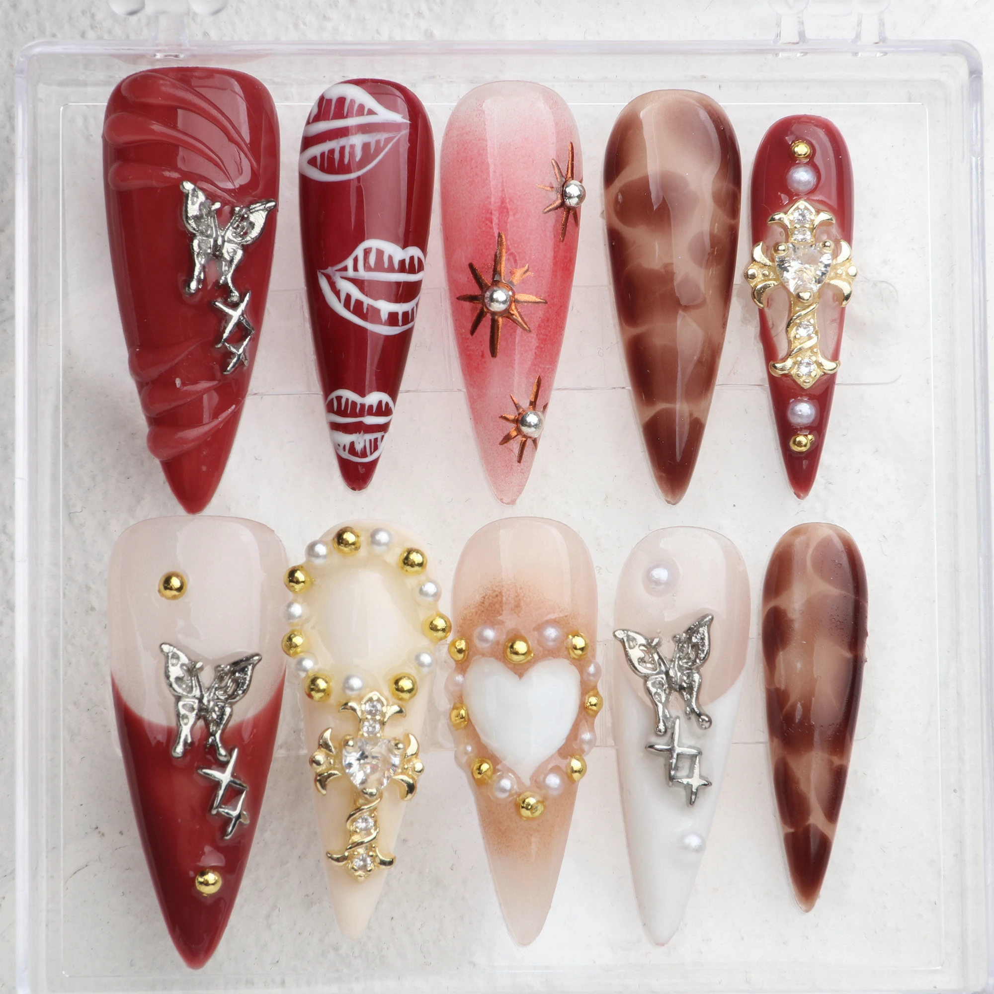 

10Pcs Handmade Manicure Long Stiletto Fake Nails Unique 3D Butterfly Heart Press On Nails Design with Adhesive Nail File Set