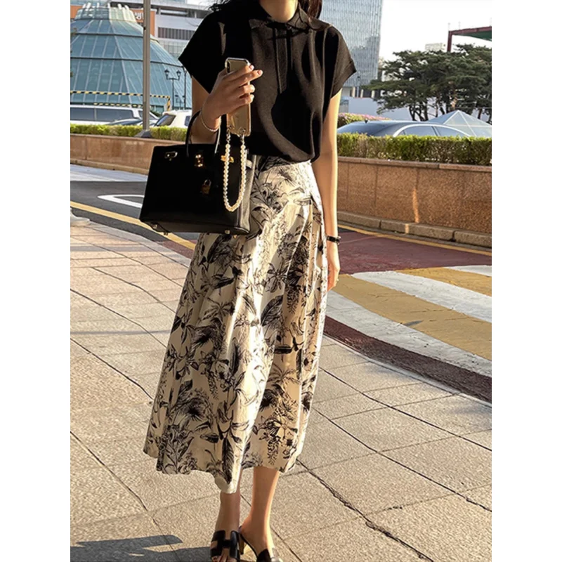 Ink Painting Skirt for Women2024Autumn and Winter New High Waist Big Swing Umbrella Skirt Small Professional Mid-LengthaWord Ski