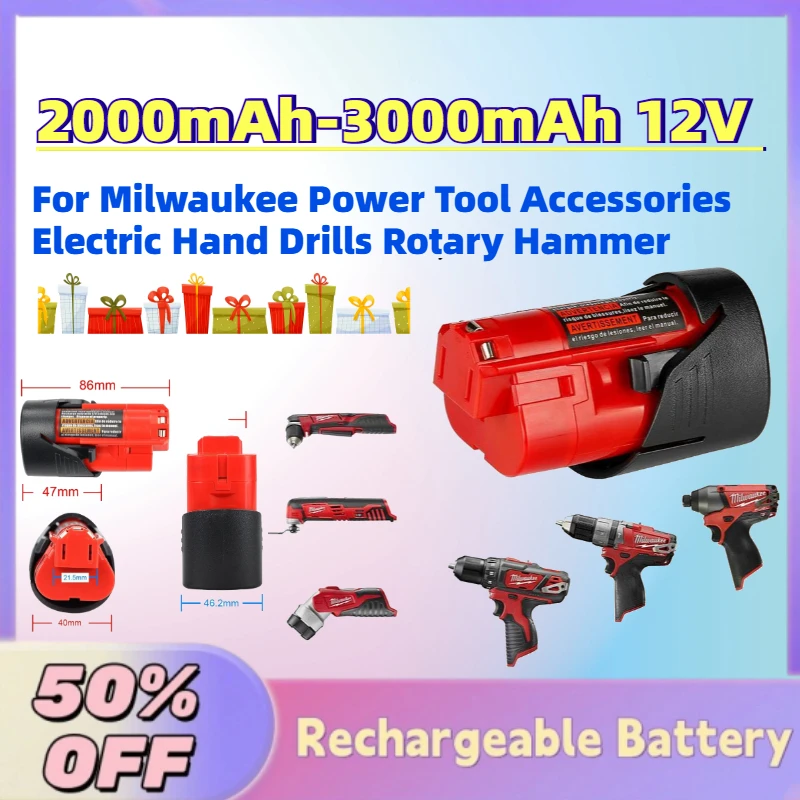 

High-Quality 2.0Ah-3.0Ah 12V Li-Ion Rechargeable Battery for Milwaukee Power Tool Accessories Electric Hand Drills Rotary Hammer