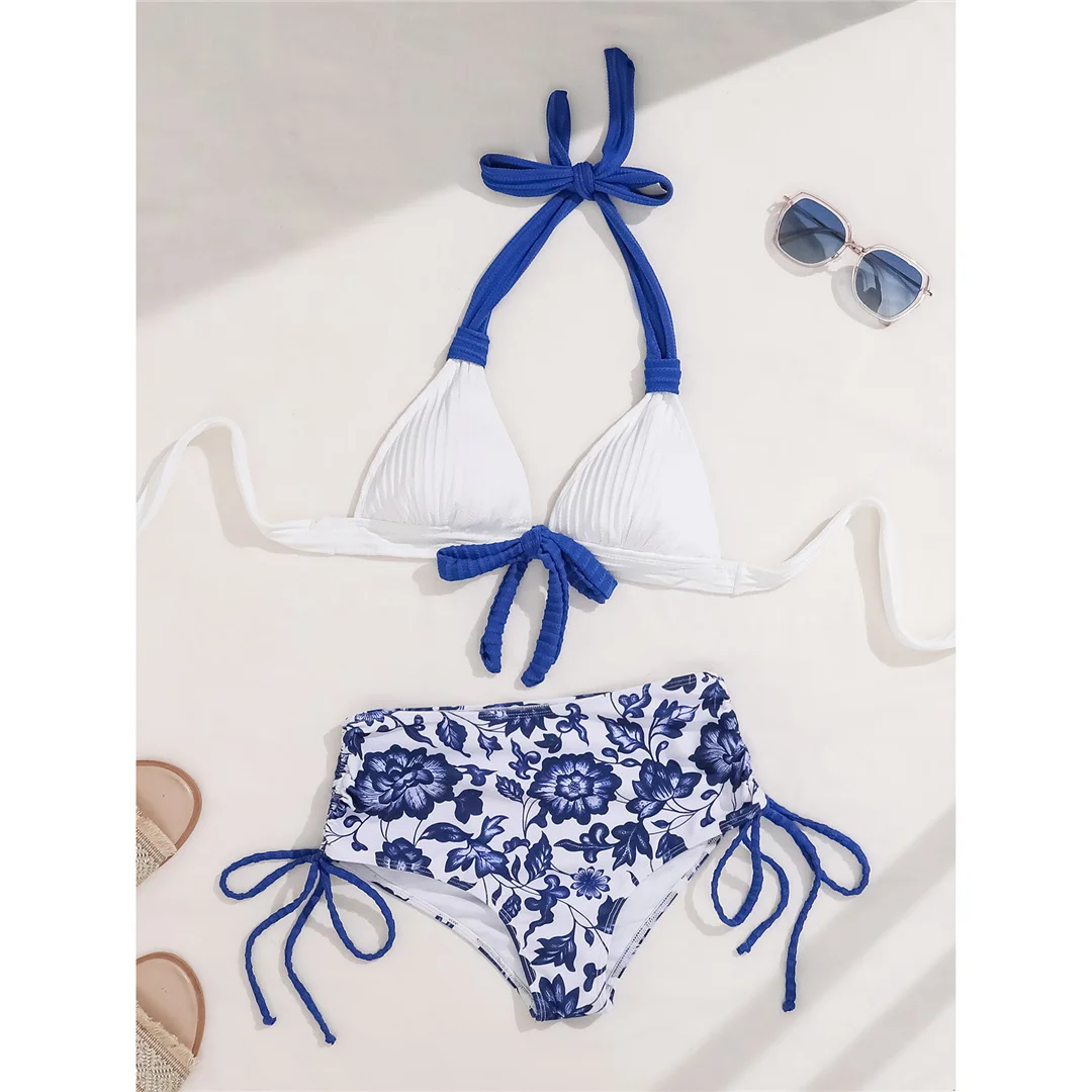 S - XL Neuer, floraler, halterneckiger Damen-Badeanzug, Bikini mit hoher Taille, zweiteiliges Bikini-Set, Badebekleidung, Badeanzug, Modell V6555 – Detail 4