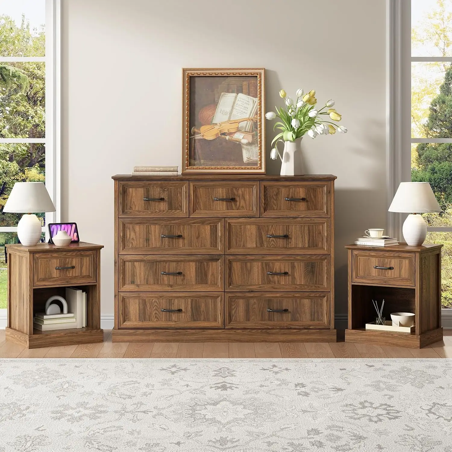 Farmhouse 3 Pcs Bedroom & Nightstand Set 9 Drawer Wood Chest For Bedroom Living Room Entryway Brown, Customized