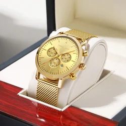 Hannah Martin Multifunctional Mens Watch Stainless Steel Mesh 45mm Timing Dial Blue Rose Gold Quartz Movement Waterproof Watches