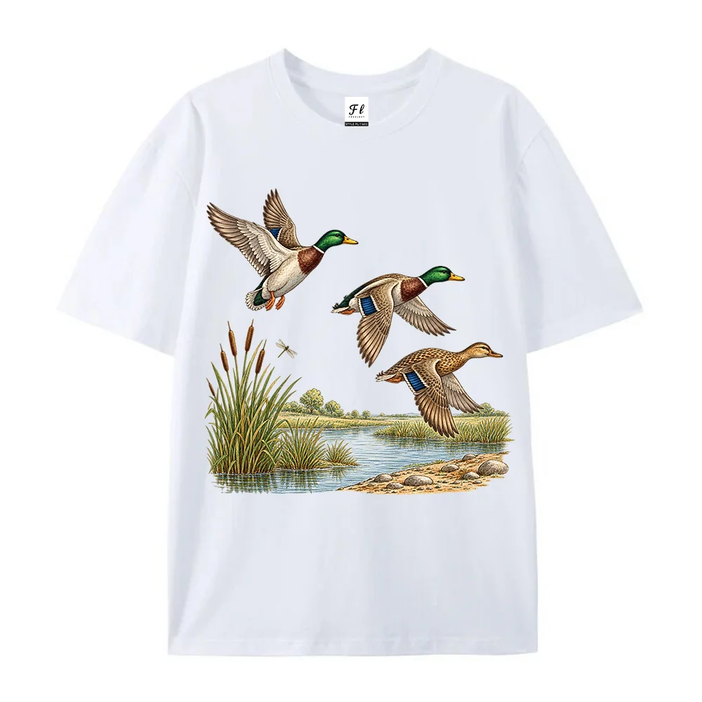 Women Flying Ducks Graphic Print Short Sleeve T Shirt Casual Cute Tee Vintage Wild Mallard Nature Lovers Apparel