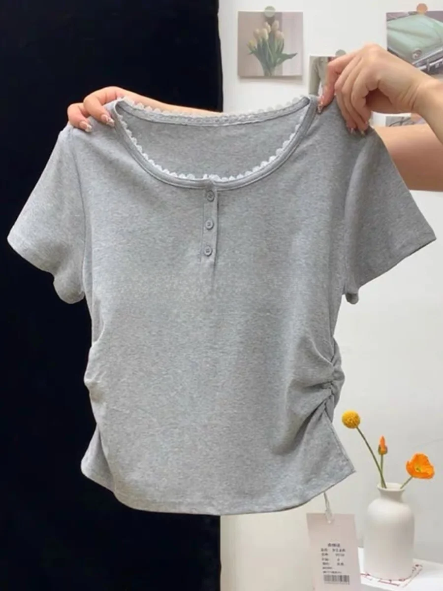 

plus Size Women's Korean Sle Slim Fit T-irt with Embroidered Ruffle round Ne ort Sve Base irt Top Knot