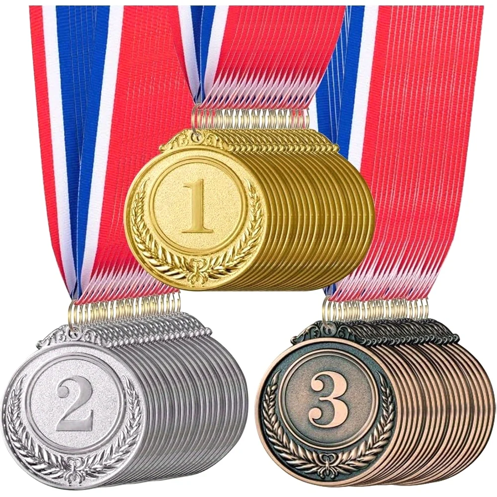 30pcs Gold Silver Bronze Award Medals with Neck Ribbon 2 Inch Olympic Style Medal for Sports Competition School Party Prizes