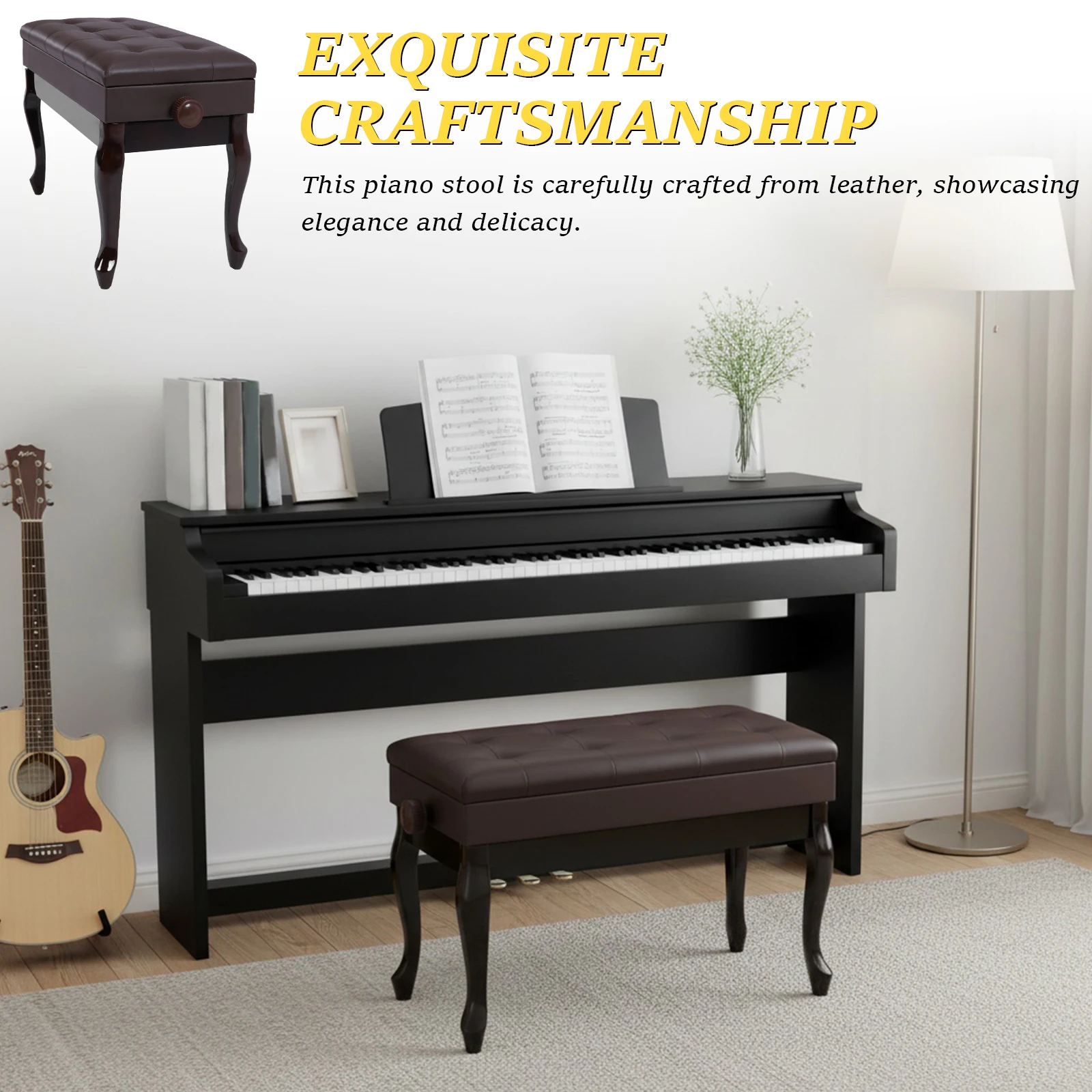 

Регулируемый по высоте стул для фортепиано с книжной полкой, прочный деревянный стул для фортепиано, многофункциональный для дома/музыкальной комнаты/класса