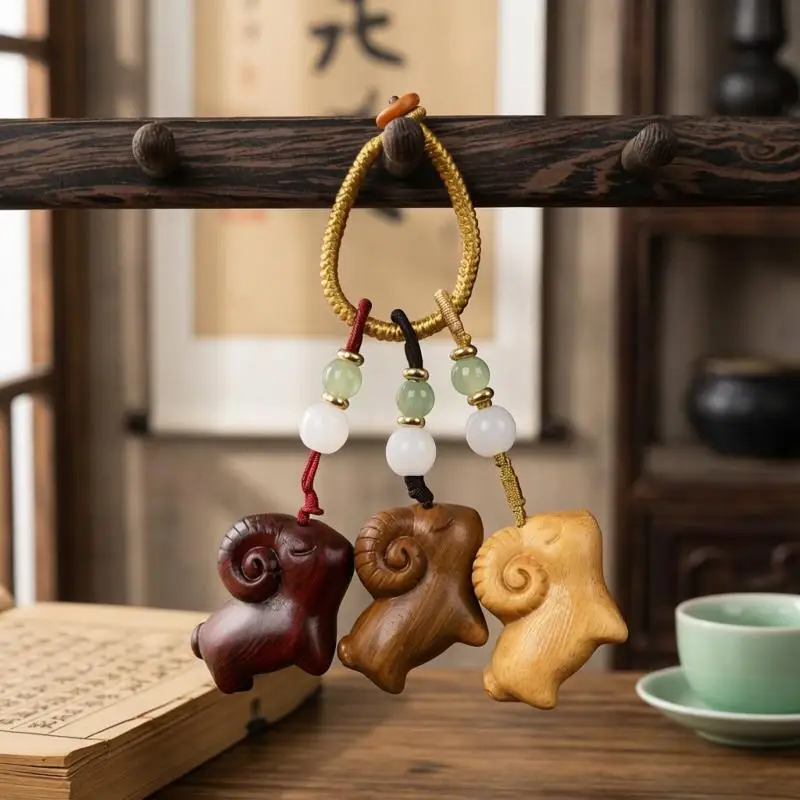 1/3Pcs Goat Sandalwood Keychain Hand Carved Wood Pendant Natural Fragrance Bag Hanging Accessory for Daily Use