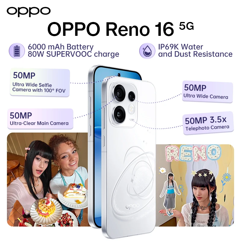 Smartphone OPPO Reno16 5G 8 Go + 512 Go, caméra selfie ultra-grand angle de 50 Mpx, Ai Remix Collage, batterie de 6 000 mAh, charge de 80 W, écran de 6,32 pouces, version UE
