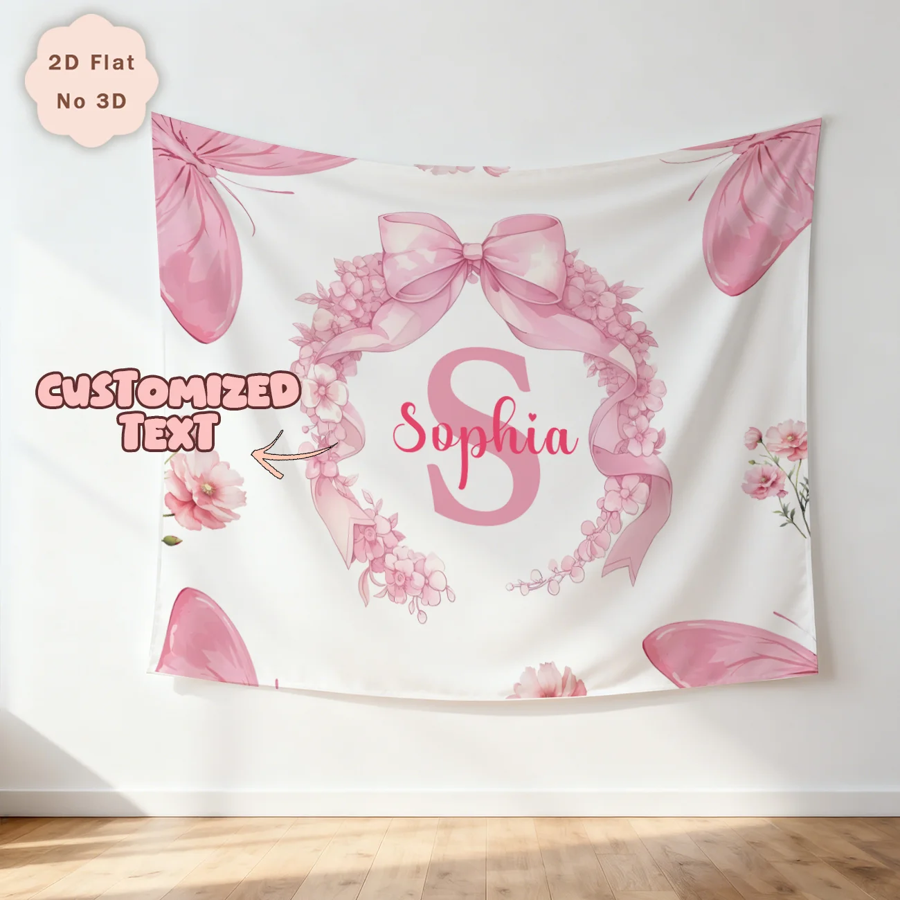 Custom Name Tapestry with Pink Bow Monogram, Personalized Girls Birthday and Bedroom Wall Decor