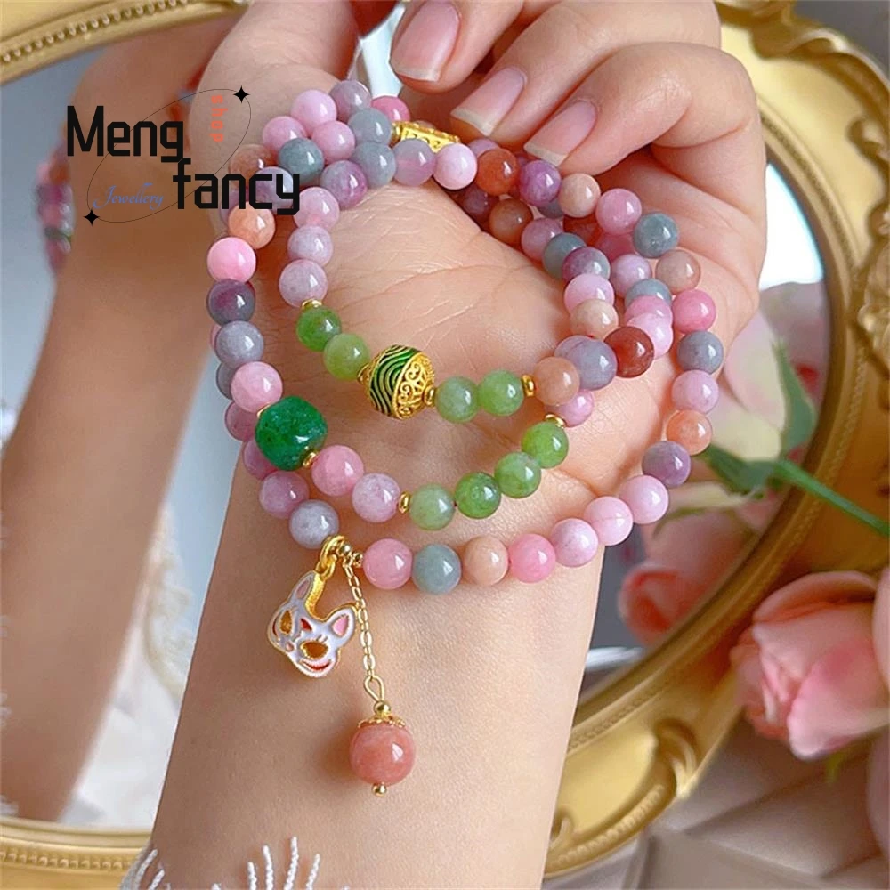 Natural Ancient Three-ring Color Jade Stone Bracelet Female Masquerade Fox Pendant Chinese Style Exquisite Fashion Fine Jewelry