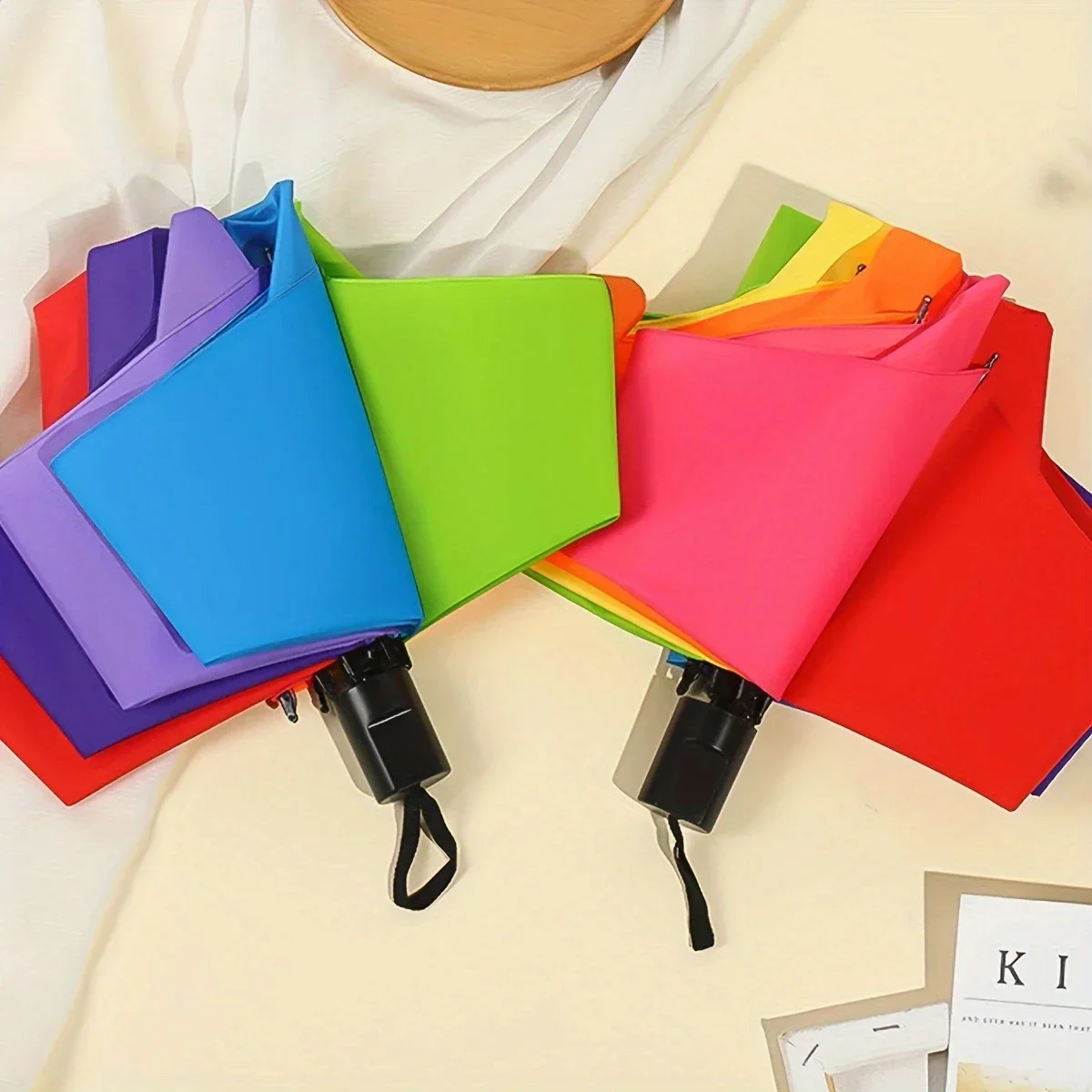 1pc - Rainbow Wonder - Portable Three- Fold Umbrella with Short Handle, Foldable Design for Effortless Style and Protection