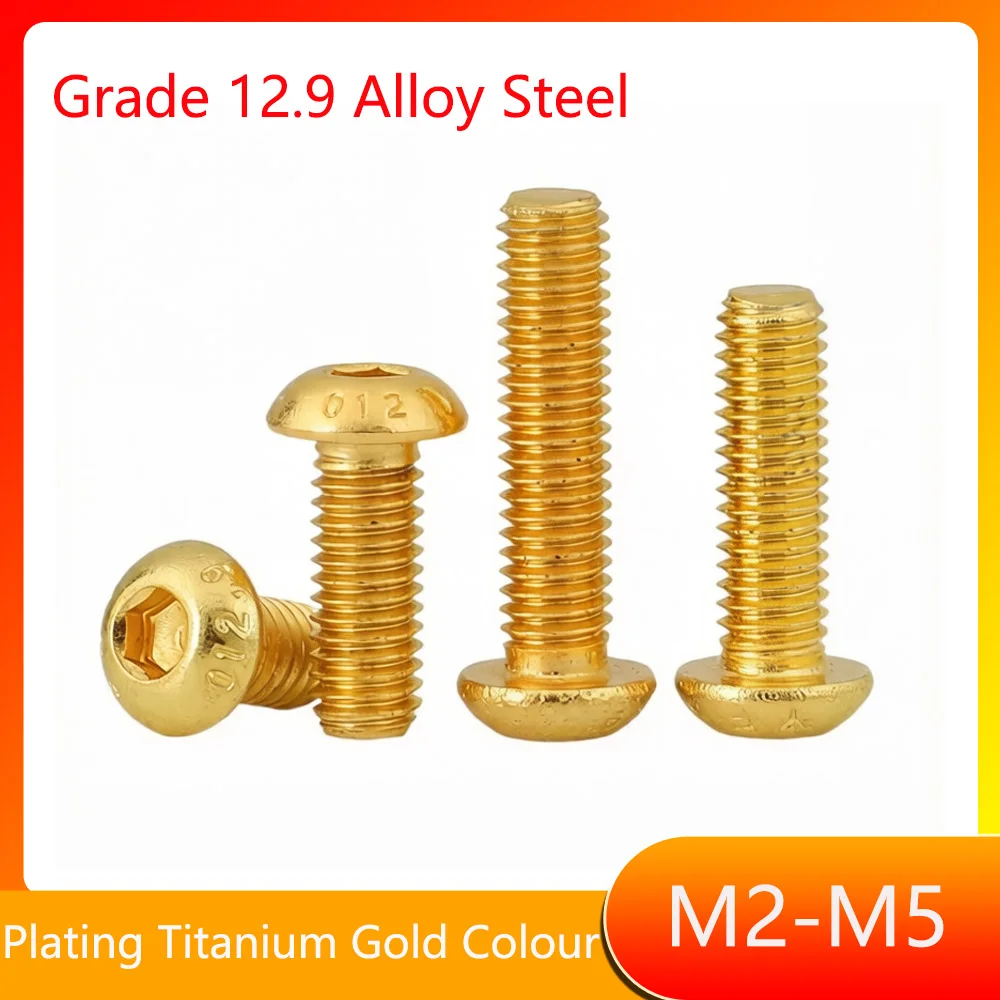 M2 M2.5 M3 M4 M5 Grade 12.9 Alloy Steel Round Button Head With Plating Titanium Golden Colour Hex Socket Screw Length:4-35mm