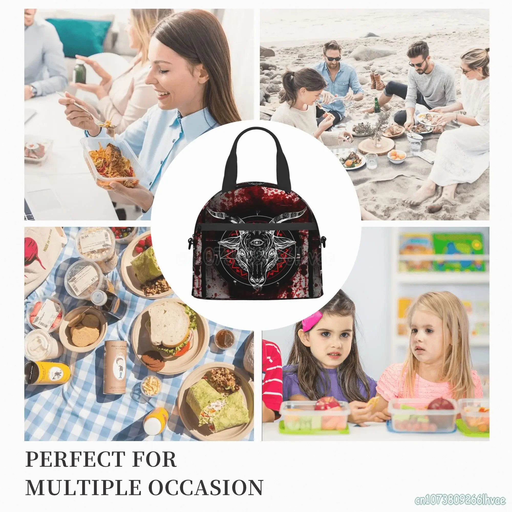 Pentagram With Demon Baphomet Satanic Goat Head Insulated Lunch Bag Portable Bento Fruits Fresh Storage Pouch Thermal Tote Bags