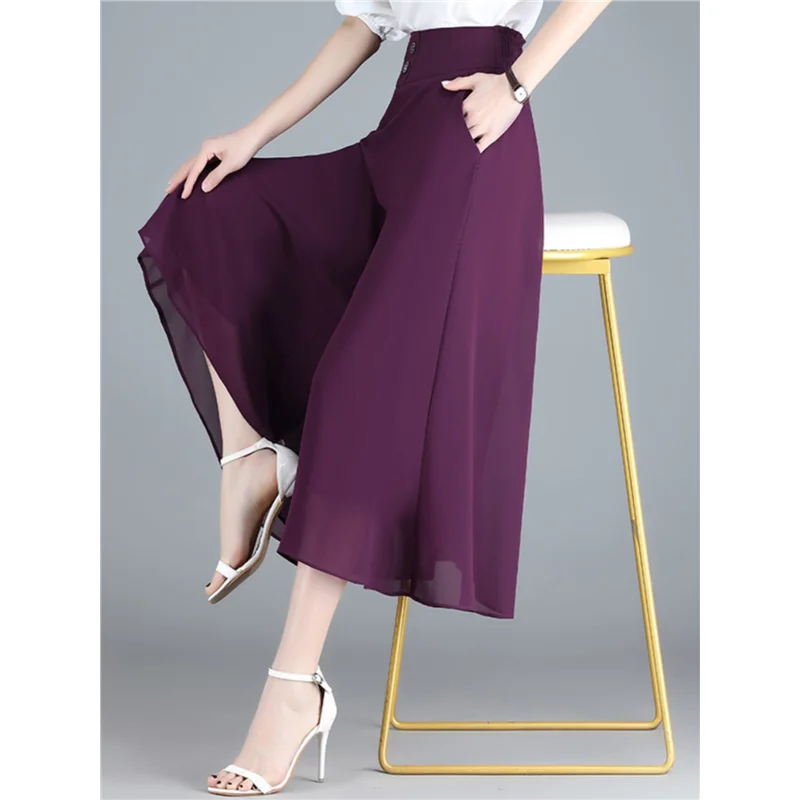 High Waist Wide Leg Seven Inch Pants Loose Chiffon Casual Spring Summer plus Size Women's Faion Skirt Pants Drapey