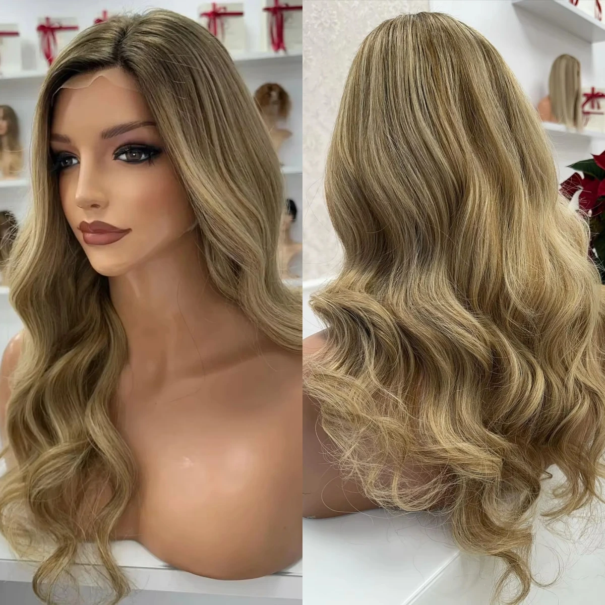 Top Sale New Body Wave Long Length Synthetic Lace Frontal Wigs With Shadow Roots Highlight Ombre High Quality Brunette Fibre
