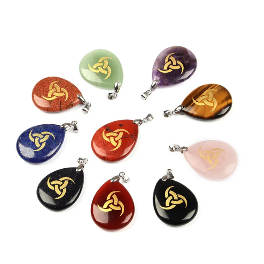 Natural Crystal Water Drop Shape Pendant Necklace Engrave Nordic Mythology Horn Of Odin Triangle Geometric Pattern Jewelry