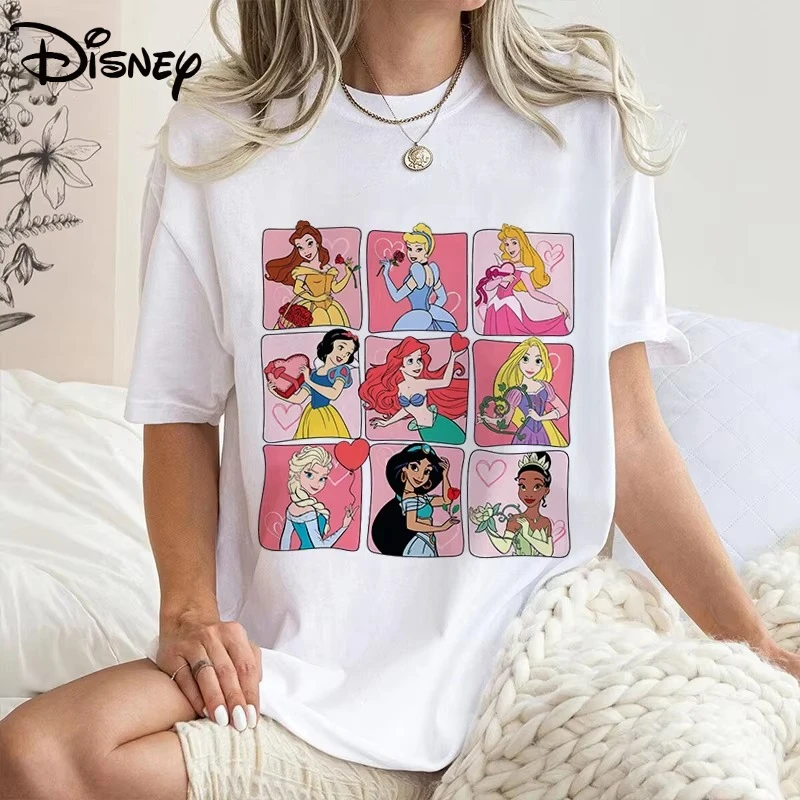 Summer New Plus Size Disney Princess Printed T-shirt Women's Y2K Fashion Retro Harajuku Loose Casual Versatile Short-sleeved Top