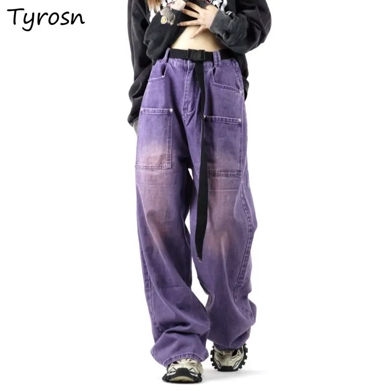 

S-3XL, широкие мешковатые джинсы, женские винтажные потертые карманы, одежда Y2k, джинсовые брюки, модные американские стильные ретро с низкой посадкой