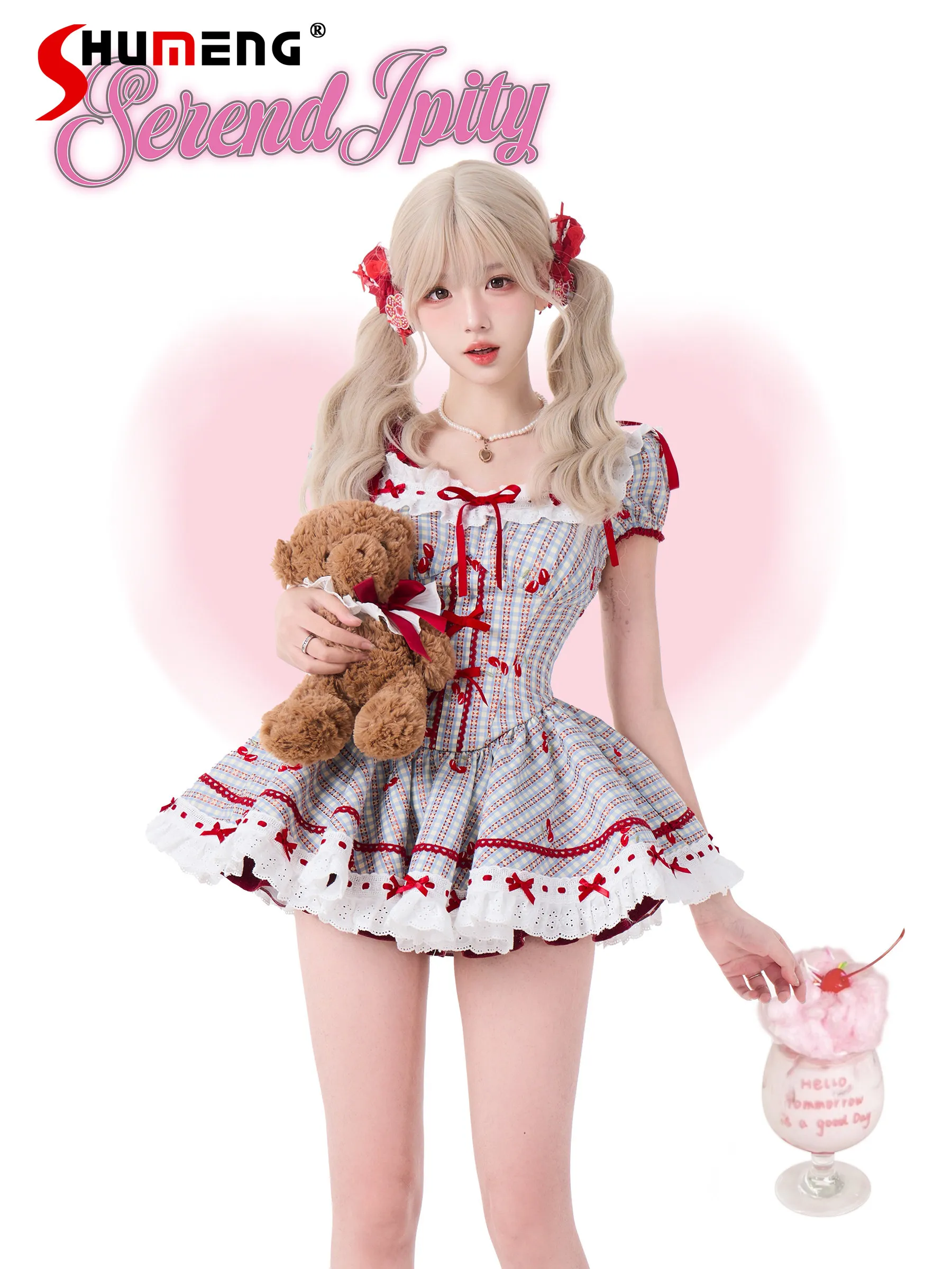 

Original Japanese Sweet Kawaii Girl Y2K Plaid Dress Square Neck Puff Sleeve Lace Patchwork Bow High Waist Mini Dress for Women