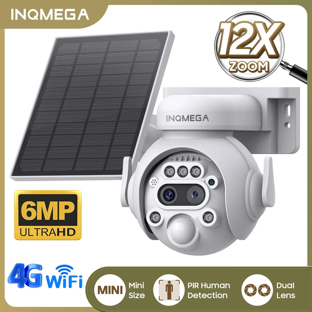 inqmega 6mp wifi camera movida a energia solar 4g sim ao ar livre camera de vigilancia sem fio protecao seguranca cctv camera ptz 12000mah 01