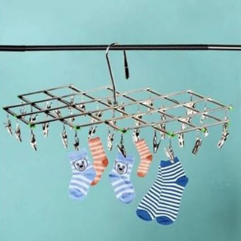 Flat Head Foldable Clothes Hanger Airer Design Rust Resistant Strong Grip Clip Stainless Steel Underwear Sock Dryer Laundry Rack