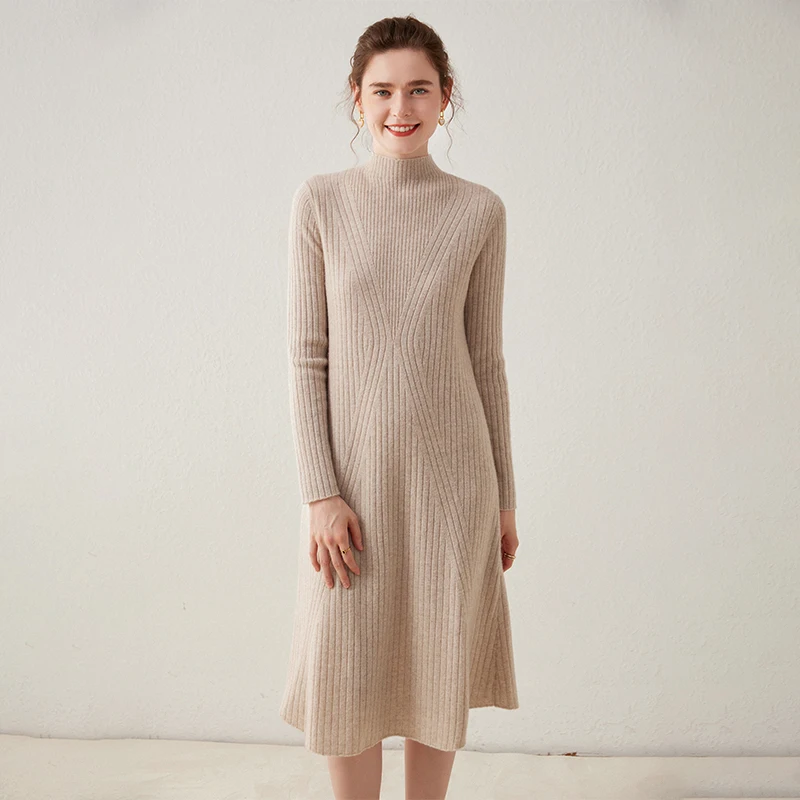 High-end Autumn Winter New 100% Cashmere Long Sweater Dress Women Knitted Dresses Female Fashion O-Neck Elastic 4Colors Pullover