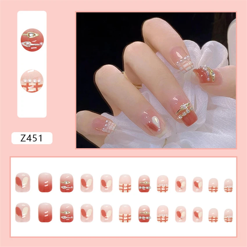 

24Ps/Set Ice Translucent Pink Short Fake Nails Sweet Cool Chain Drill Press on Nail Pearls French Gentle Wearing False Nails Art