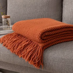 1pc Morandi Orange Tassel Knitted Blanket, Soft Warm Throw Blanket Nap Blanket for Couch Sofa Camping Travelling