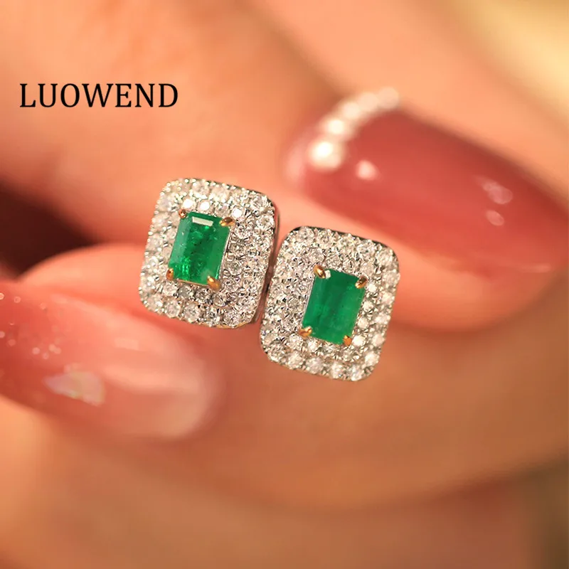 LUOWEND 18K White Gold Earrings Natural Diamond Luxury Gemstone Real Emerald Jewelry Classic Halo Design for Women