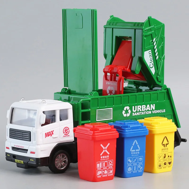 Vehículo de saneamiento con clasificación de basura simulada, coche inercial, cubo de basura con tapa abierta para niños, modelo de vehículo de transporte urbano
